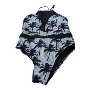 Beach Joy high leg one piece white with black palm trees sheer insert suit Large